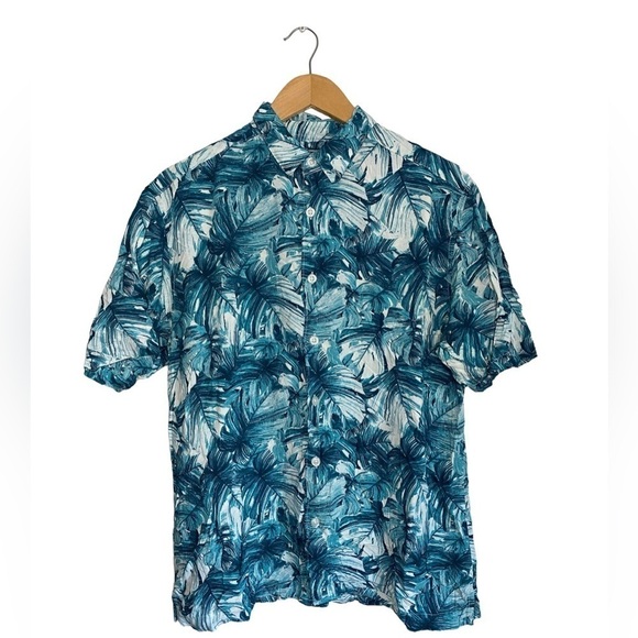 Cubavera Tropical Palm Print Textured Button Down Short Sleeve Green White Shirt - Picture 1 of 8